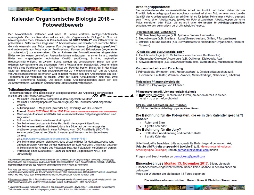 ZZZKalender Organismische Biologie Teilnahmebedingungen 2018 NEU