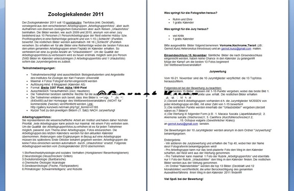 Zoologiekalender 2011  Teilnahmebedingungen  amp  Jurywertung
