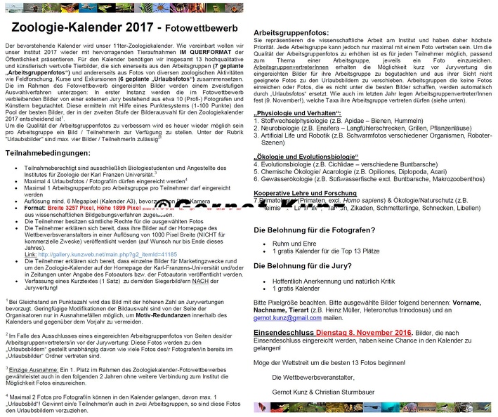 Zoologiekalender 2017 - Fotowettbewerb -Teilnahmebedingungen
